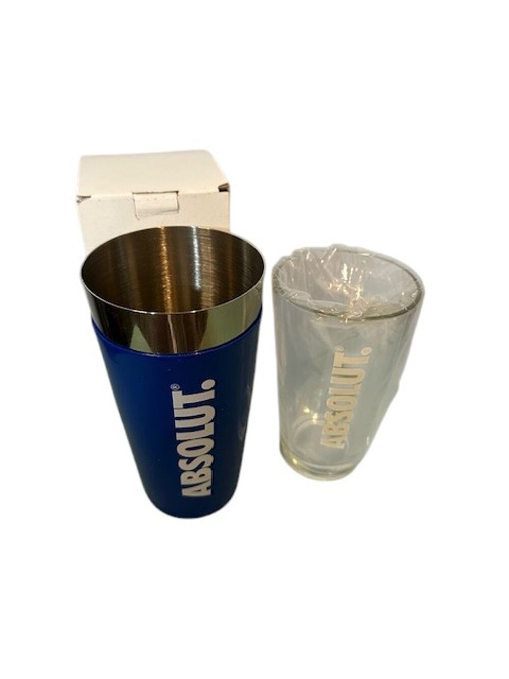 Absolute Blue Shaker Tin with Pint Glass Bar Set New in Box